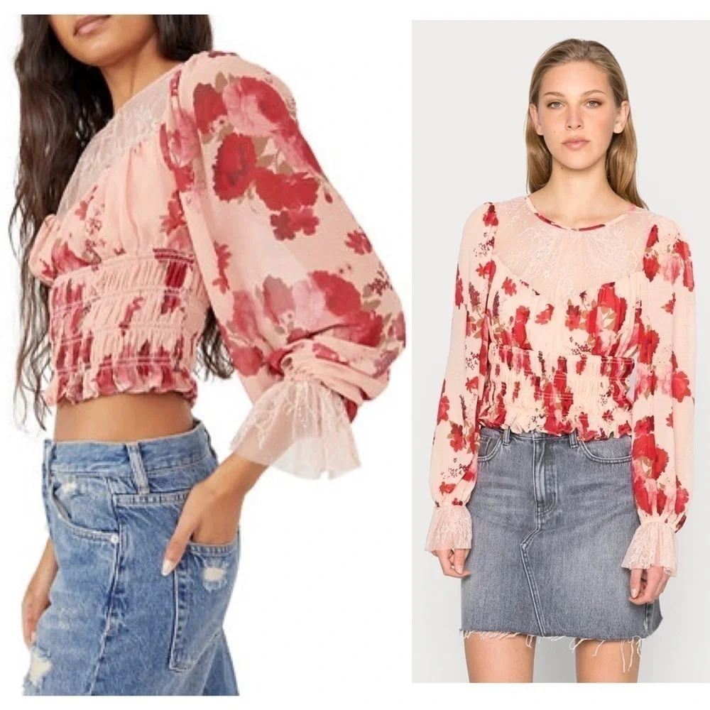 FREE PEOPLE Floral Lace Trim Ruffle Smocked Coquette Fairy Cottagecore Top XS